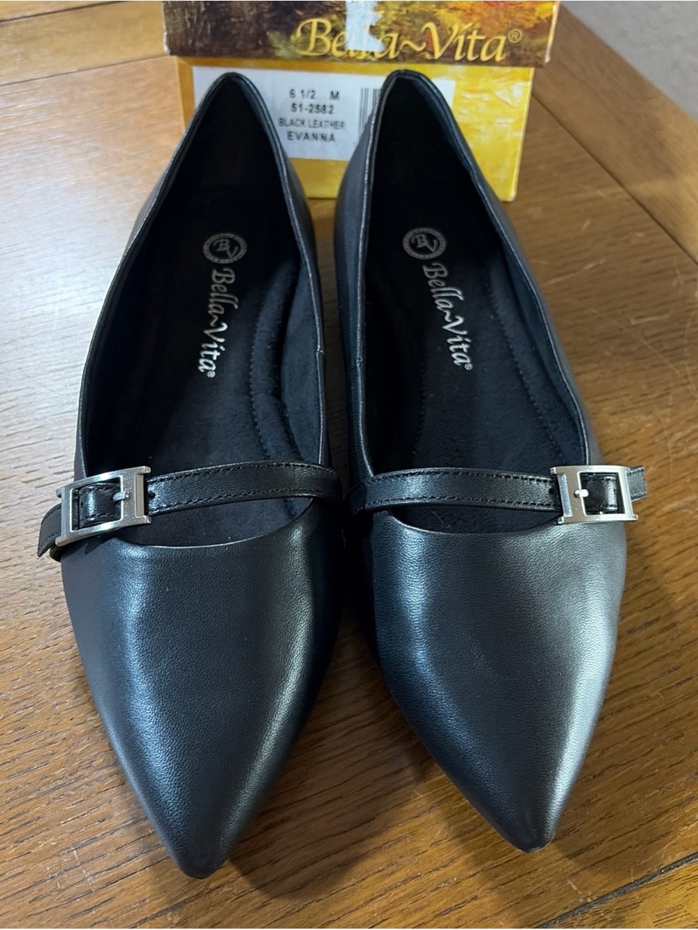Bella Vita Black Pointed Mary Jane Flats with Silver Buckle